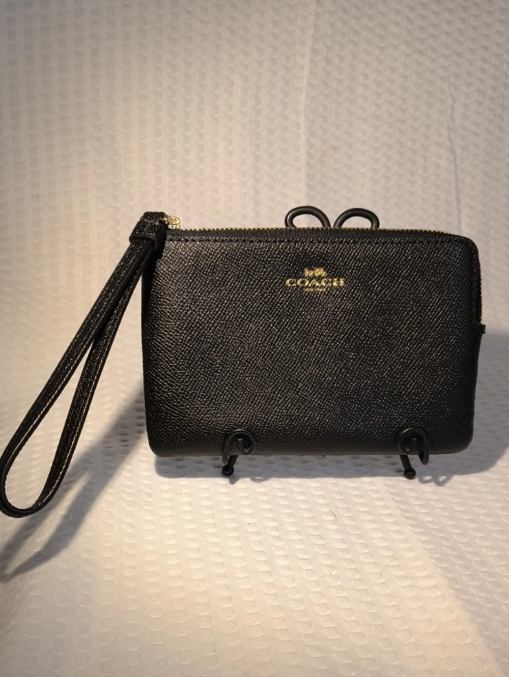 Coach Black Saffiano Leather L Corner Wristlet with Gold Logo